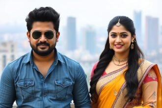 A picture of Yash and Nayanthara standing together, with a cityscape in the background, symbolizing their success in the movie industry.