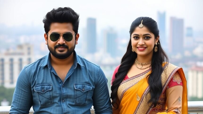 A picture of Yash and Nayanthara standing together, with a cityscape in the background, symbolizing their success in the movie industry.