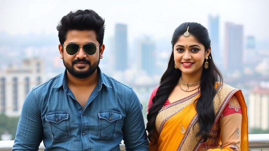 A picture of Yash and Nayanthara standing together, with a cityscape in the background, symbolizing their success in the movie industry.