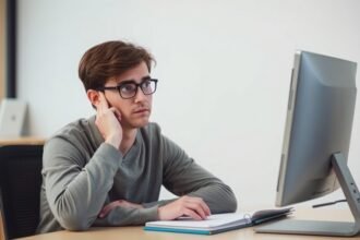 A person sitting in front of a computer, looking at the screen with a puzzled expression, with a few letters and words written on a notepad next to them.