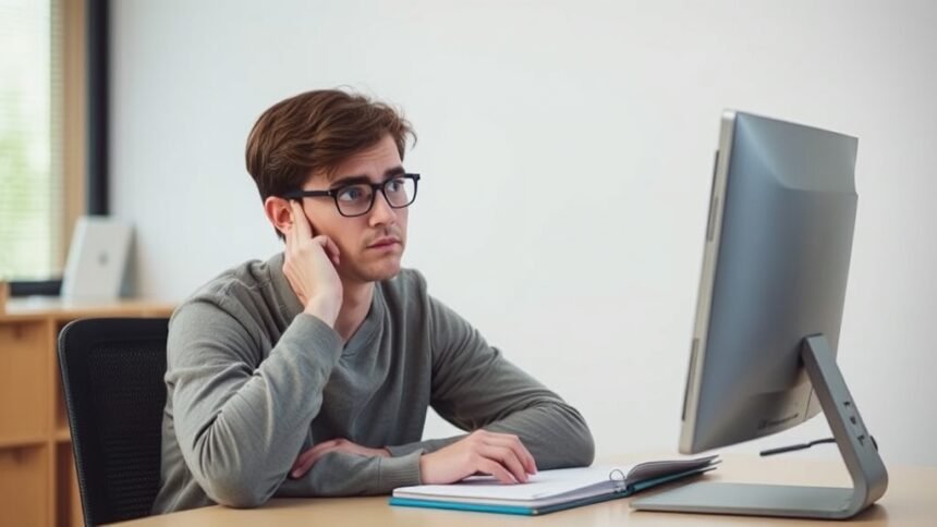 A person sitting in front of a computer, looking at the screen with a puzzled expression, with a few letters and words written on a notepad next to them.