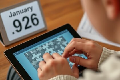 A person solving a puzzle on a digital device with a calendar showing January 9, 2026, in the background.