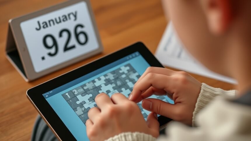 A person solving a puzzle on a digital device with a calendar showing January 9, 2026, in the background.