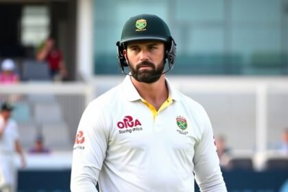 A photo of Graeme Smith, the former South African cricket captain, with a subtle background of a cricket stadium and a few players in action.