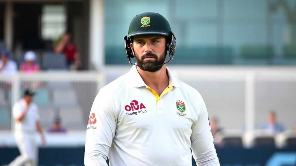A photo of Graeme Smith, the former South African cricket captain, with a subtle background of a cricket stadium and a few players in action.