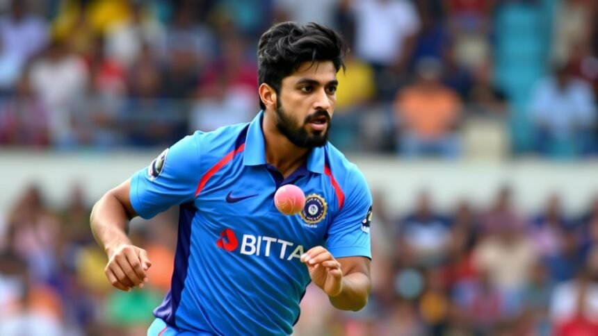 A photo of Vaibhav Suryavanshi in action on a cricket field, with a ball in hand and a determined look on his face, with a blurred background of a stadium crowd.