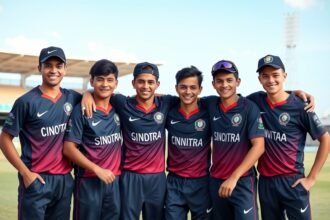 A group of young cricketers in their team jerseys, standing together with their arms around each other, smiling and looking confident, with a cricket stadium in the background.