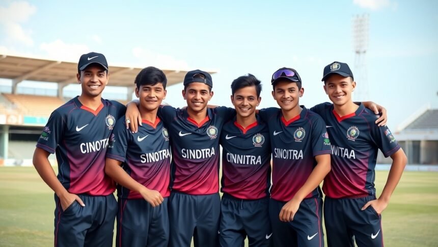 A group of young cricketers in their team jerseys, standing together with their arms around each other, smiling and looking confident, with a cricket stadium in the background.