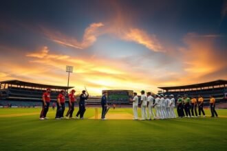 A photo of the Hobart Hurricanes and Adelaide Strikers teams facing off on the cricket field, with a dramatic sunset in the background.
