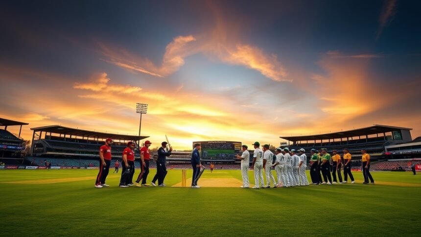 A photo of the Hobart Hurricanes and Adelaide Strikers teams facing off on the cricket field, with a dramatic sunset in the background.