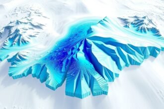 A visual representation of a glacier with a robust particle filter overlay, highlighting the reanalysis process in a hierarchical manner