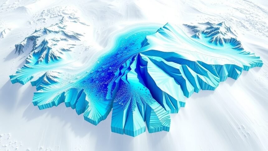 A visual representation of a glacier with a robust particle filter overlay, highlighting the reanalysis process in a hierarchical manner