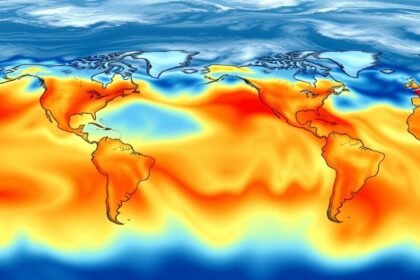A visual representation of the ocean's surface temperature variations, with warm and cool areas depicted in different colors, and a subtle background of ocean currents and weather patterns.