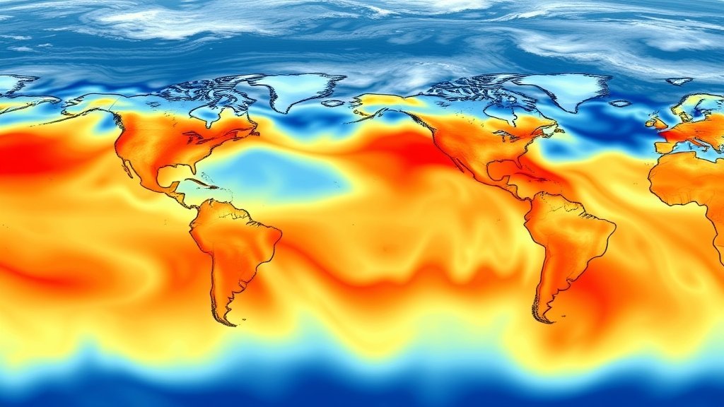 A visual representation of the ocean's surface temperature variations, with warm and cool areas depicted in different colors, and a subtle background of ocean currents and weather patterns.