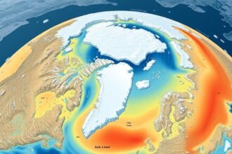 A detailed illustration of the Arctic thermohaline staircase, including ocean currents, temperature gradients, and sea ice coverage, with a subtle background texture of ice and water.
