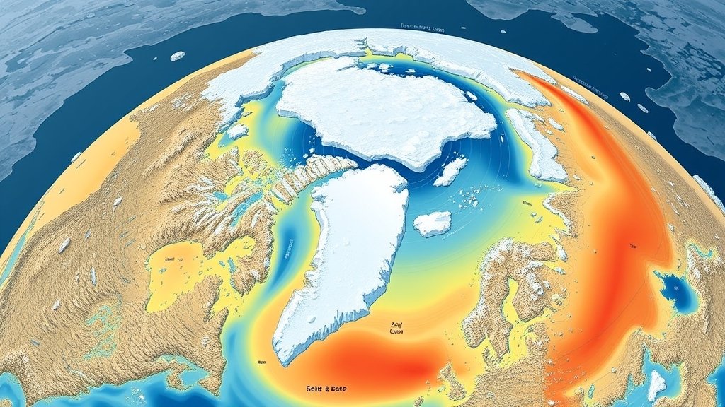 A detailed illustration of the Arctic thermohaline staircase, including ocean currents, temperature gradients, and sea ice coverage, with a subtle background texture of ice and water.