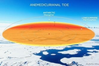 A visual representation of the Antarctic summer mesosphere and lower thermosphere, depicting wind patterns and the semidiurnal tide, with a background of the Antarctic landscape.