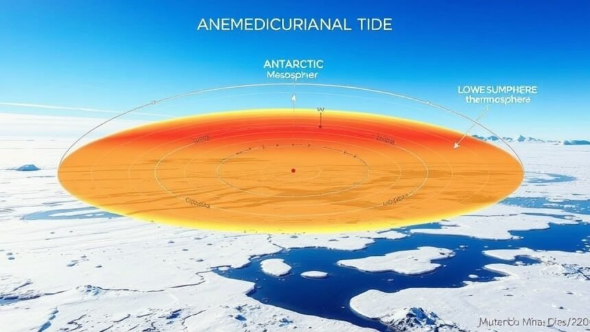 A visual representation of the Antarctic summer mesosphere and lower thermosphere, depicting wind patterns and the semidiurnal tide, with a background of the Antarctic landscape.