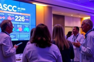 A group of medical professionals discussing latest research and advancements in oncology at a conference, with a large screen displaying data and images related to ASCO GI 2026 in the background.