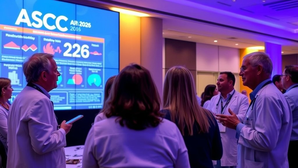 A group of medical professionals discussing latest research and advancements in oncology at a conference, with a large screen displaying data and images related to ASCO GI 2026 in the background.
