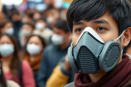 A photo of a person wearing a respirator mask in a crowded public place, with a blurred background of people wearing face masks, highlighting the difference between the two types of masks.