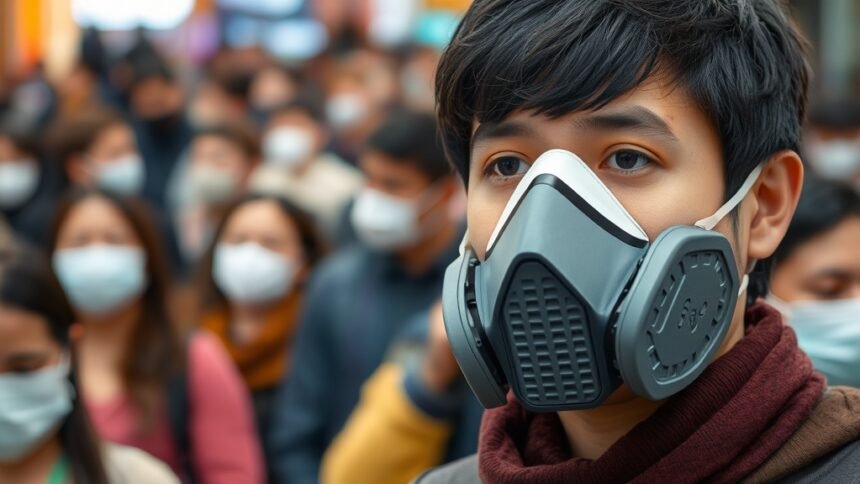 A photo of a person wearing a respirator mask in a crowded public place, with a blurred background of people wearing face masks, highlighting the difference between the two types of masks.