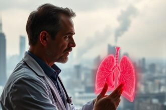 A photo of a doctor examining a patient's lungs with a serious expression, with a cityscape in the background showing pollution