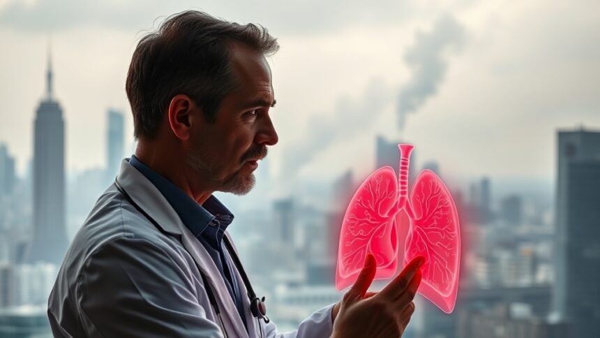 A photo of a doctor examining a patient's lungs with a serious expression, with a cityscape in the background showing pollution