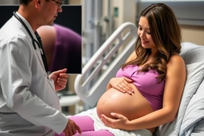 A pregnant woman sitting on a hospital bed, with a doctor or nurse standing beside her, discussing the risks and benefits of antibiotic use during pregnancy, with a subtle background image of a newborn baby.