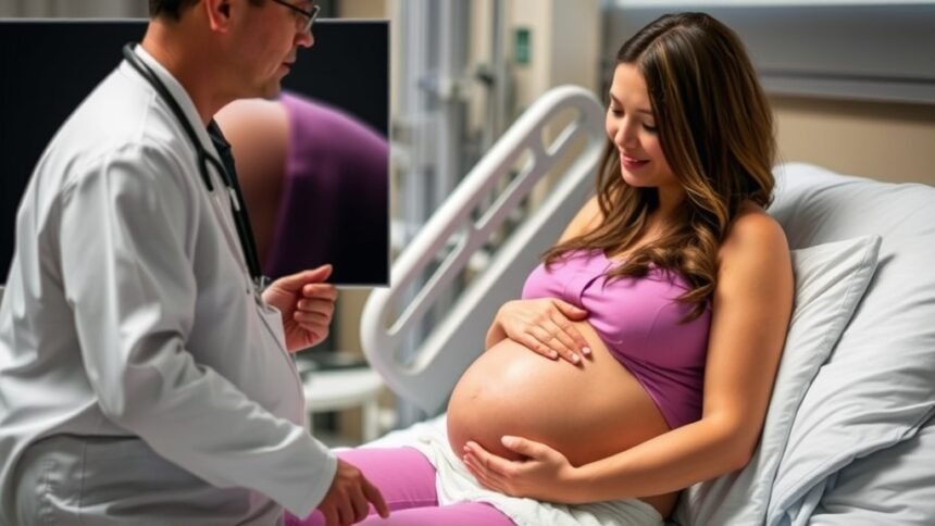 A pregnant woman sitting on a hospital bed, with a doctor or nurse standing beside her, discussing the risks and benefits of antibiotic use during pregnancy, with a subtle background image of a newborn baby.