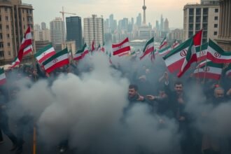 A dramatic image of protesters in Iran, with a cityscape in the background, and a sense of urgency and tension in the air