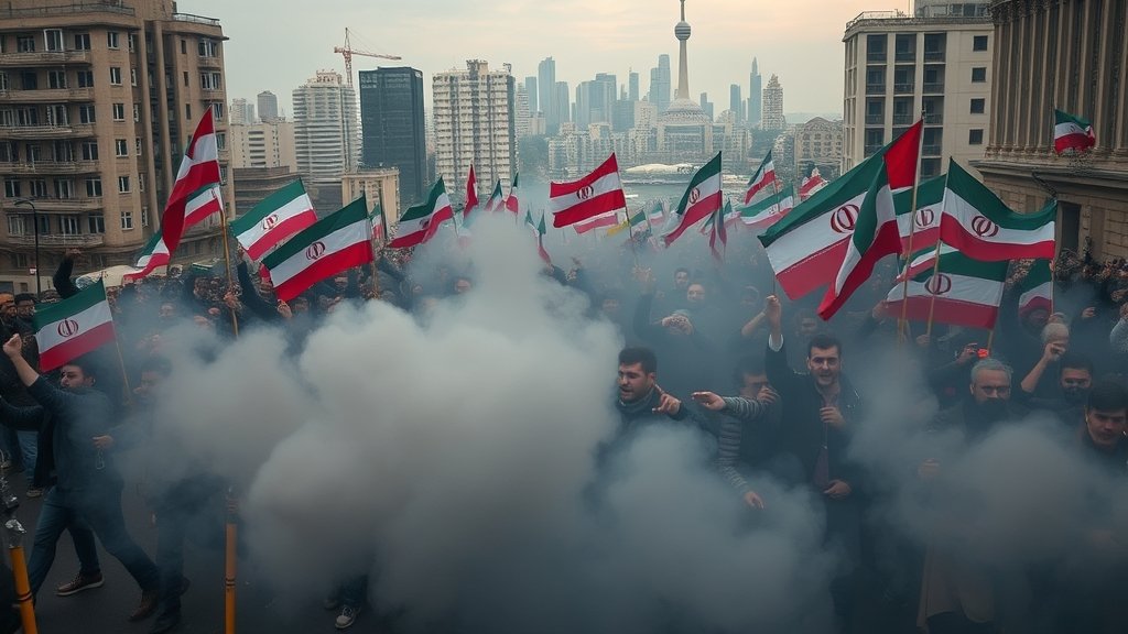 A dramatic image of protesters in Iran, with a cityscape in the background, and a sense of urgency and tension in the air