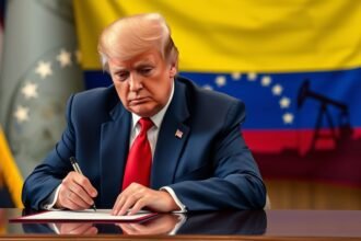 A photo of Donald Trump signing an executive order with a Venezuelan flag in the background, with a subtle oil rig or barrel in the corner to symbolize the oil industry