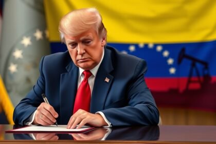 A photo of Donald Trump signing an executive order with a Venezuelan flag in the background, with a subtle oil rig or barrel in the corner to symbolize the oil industry