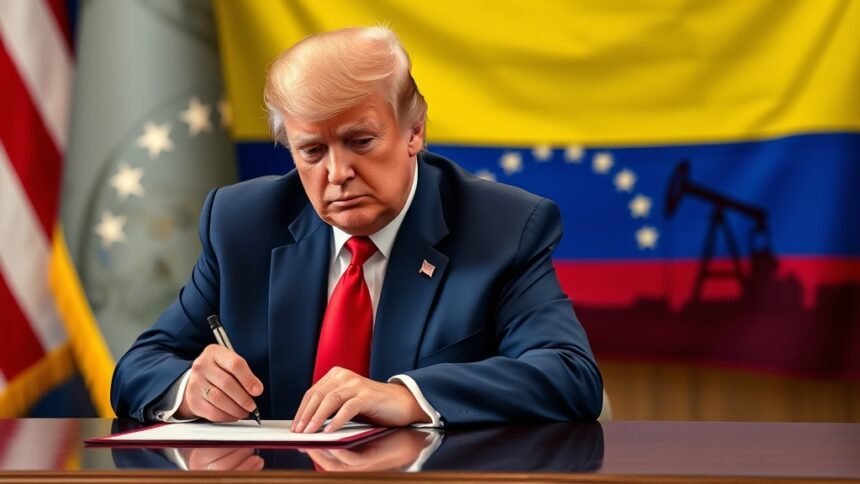 A photo of Donald Trump signing an executive order with a Venezuelan flag in the background, with a subtle oil rig or barrel in the corner to symbolize the oil industry