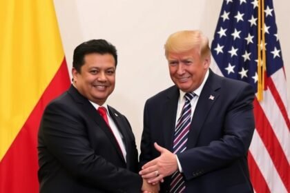 A photo of Colombian President Gustavo Petro and US President Donald Trump shaking hands, with a background of Colombian and American flags.