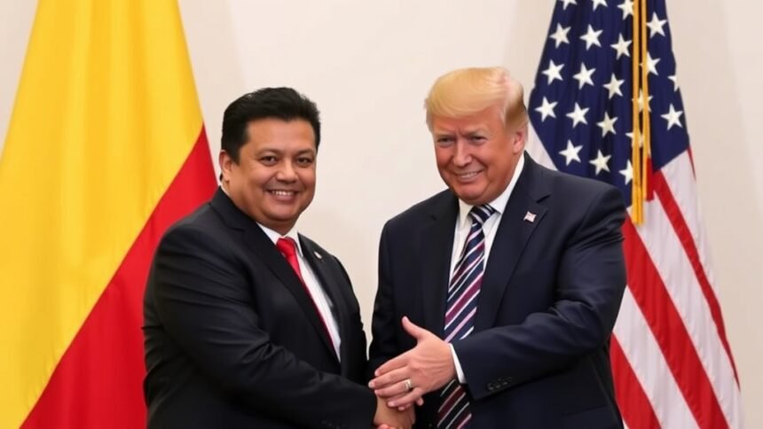 A photo of Colombian President Gustavo Petro and US President Donald Trump shaking hands, with a background of Colombian and American flags.