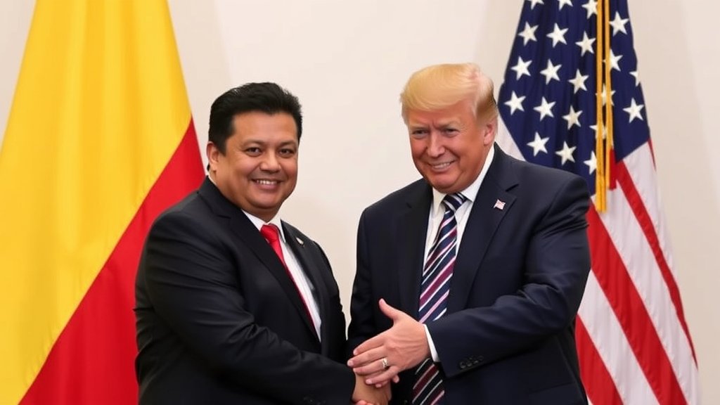 A photo of Colombian President Gustavo Petro and US President Donald Trump shaking hands, with a background of Colombian and American flags.