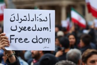 A photo of an Iranian protester holding a sign that reads "Freedom" in English and Persian, with a blurred background of a crowded street and a hint of the Iranian flag.