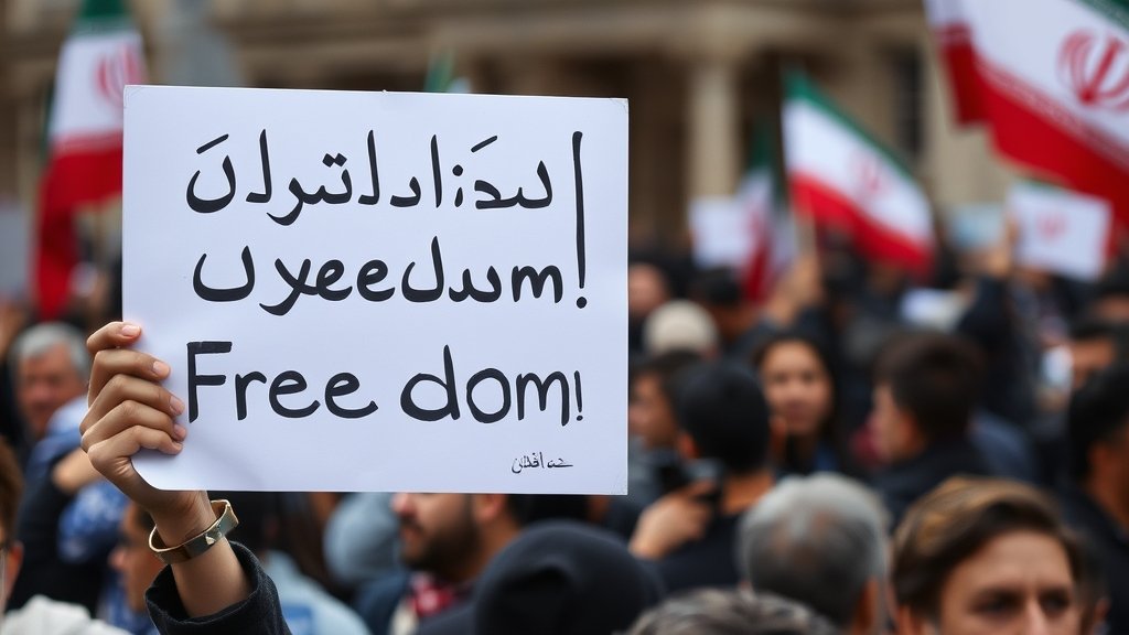A photo of an Iranian protester holding a sign that reads "Freedom" in English and Persian, with a blurred background of a crowded street and a hint of the Iranian flag.