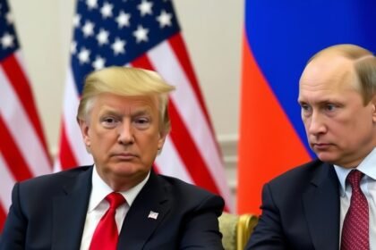 A photo of Donald Trump and Vladimir Putin in a meeting, with a subtle background of the US and Russian flags, symbolizing their complex relationship.