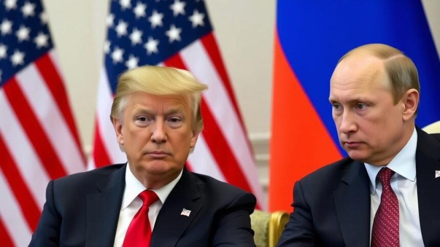 A photo of Donald Trump and Vladimir Putin in a meeting, with a subtle background of the US and Russian flags, symbolizing their complex relationship.