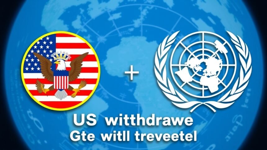 A graphic illustration showing the United States and the United Nations logos with a background of a globe, highlighting the impact of US withdrawal on global issues.