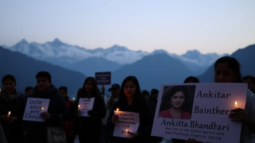 A somber image of a candlelight vigil for Ankita Bhandari, with people holding placards demanding justice, set against the backdrop of the Himalayas in Uttarakhand.