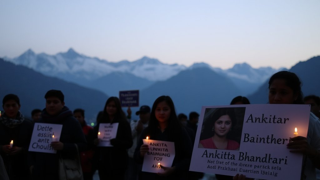 A somber image of a candlelight vigil for Ankita Bhandari, with people holding placards demanding justice, set against the backdrop of the Himalayas in Uttarakhand.