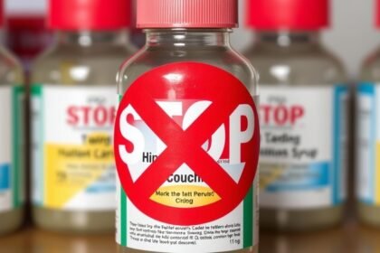 a photo of a stop sign with a medicine bottle in the background, with a red X marked through the bottle, symbolizing the stop-use notice for the contaminated children's cough syrup in Telangana