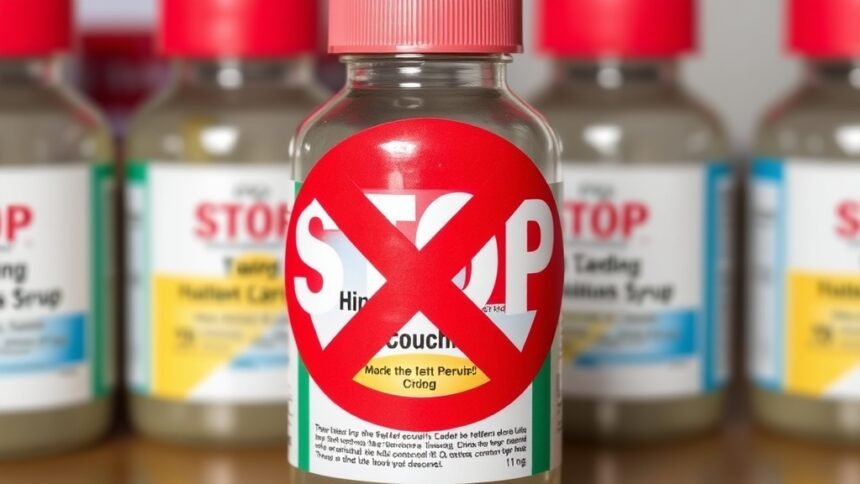 a photo of a stop sign with a medicine bottle in the background, with a red X marked through the bottle, symbolizing the stop-use notice for the contaminated children's cough syrup in Telangana