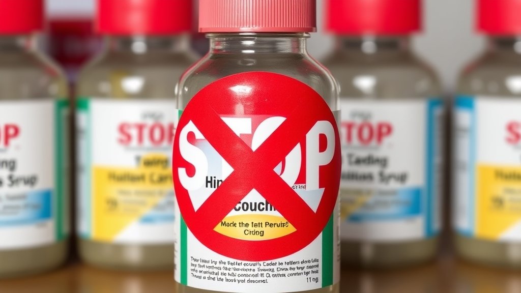 a photo of a stop sign with a medicine bottle in the background, with a red X marked through the bottle, symbolizing the stop-use notice for the contaminated children's cough syrup in Telangana