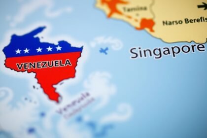 A photo of a map with Venezuela and Singapore highlighted, with a subtle background image of a globe or a world map, symbolizing the global implications of the conflict.