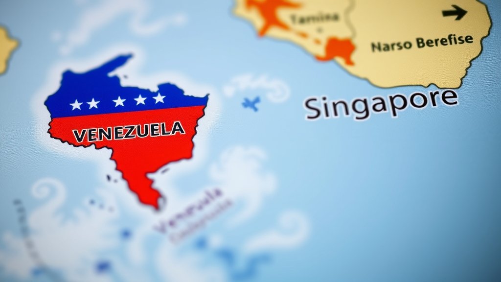 A photo of a map with Venezuela and Singapore highlighted, with a subtle background image of a globe or a world map, symbolizing the global implications of the conflict.